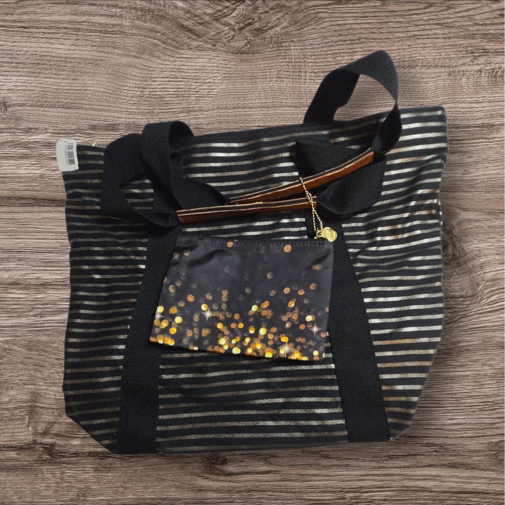 NEW BATH & BODY WORKS‎ SPARKLE BLACK GOLD STRIPED CANVAS BAG TOTE Attached Bag